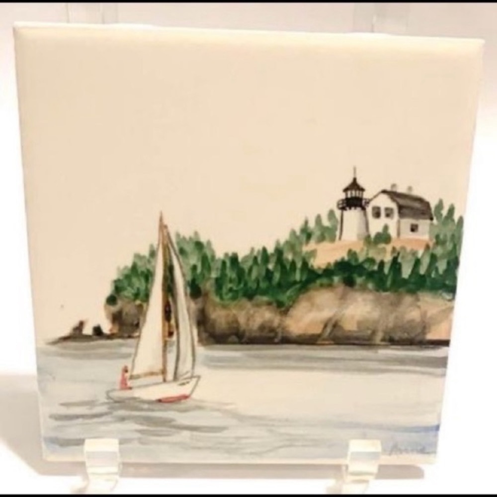 𝅺PAINTED ceramic tile of Bear Harbor Maine lighthouse with felt bottom- 5x5”